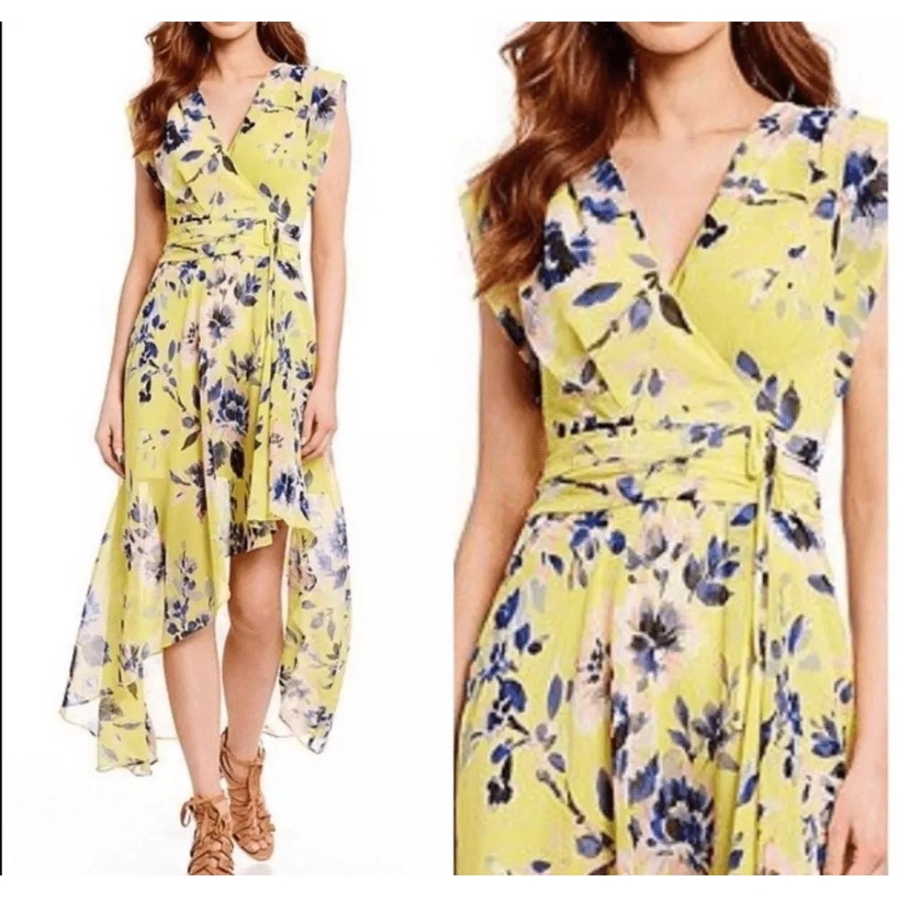 ELIZA J Dress Womens 6 Yellow Floral Print Maxi High Lo Asymmetrical Hem Wedding